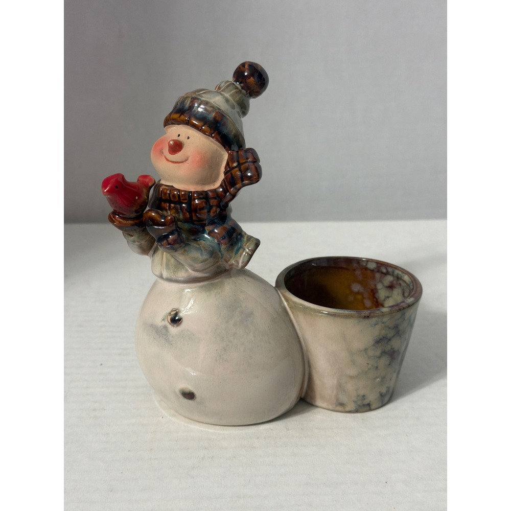 Ceramic Snowman Figurine with Red Cardinal and Integrated Cup Holiday Decor